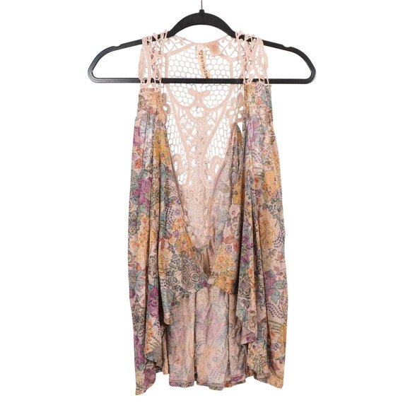 Eyeshadow Vest XL Womens NEW Floral Lace Back Sleeveless Boho Tan Cream - Picture 1 of 6